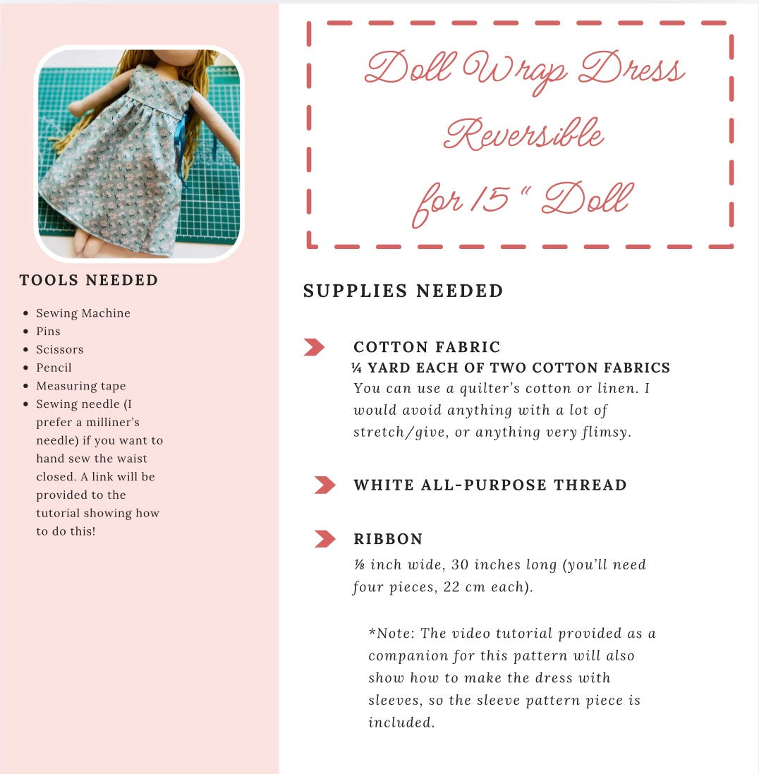 PDF Pattern only: Reversible Wrap Dress Pattern for 15” Rosy Doll