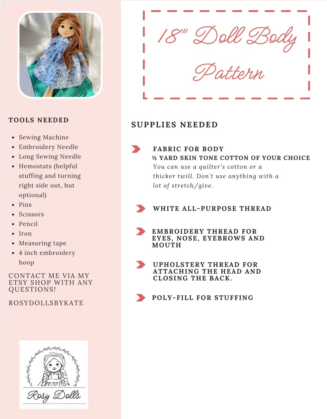 PDF Patterns for 18 inch Cloth Doll and Dress - Not a Physical Product