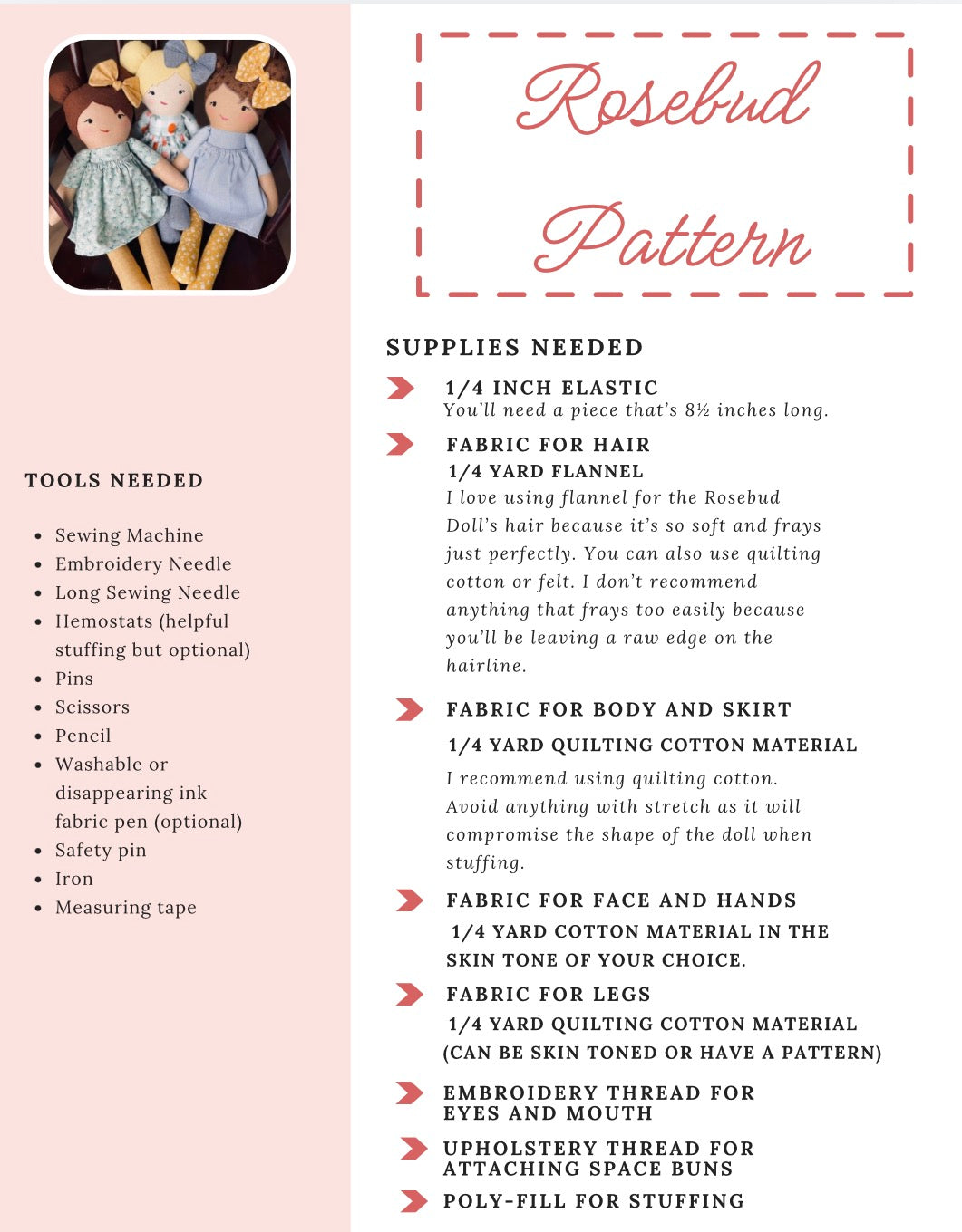 PDF Sewing Pattern Download - Rosebud Baby Doll Pattern 15 Inch Cloth Doll (Digital Pattern Only)