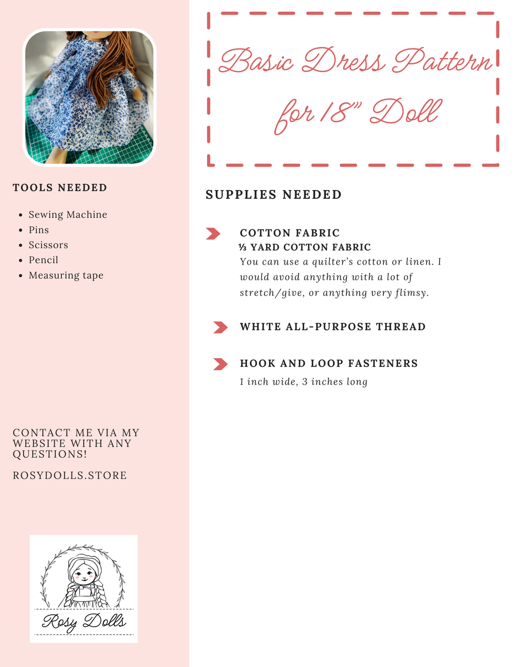 PDF Patterns for 18 inch Cloth Doll and Dress - Not a Physical Product